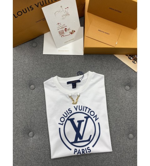 루이비통 여성 반팔 플록드 LV 티셔츠 체인 장식 화이트 블루 1AFTTY S M L